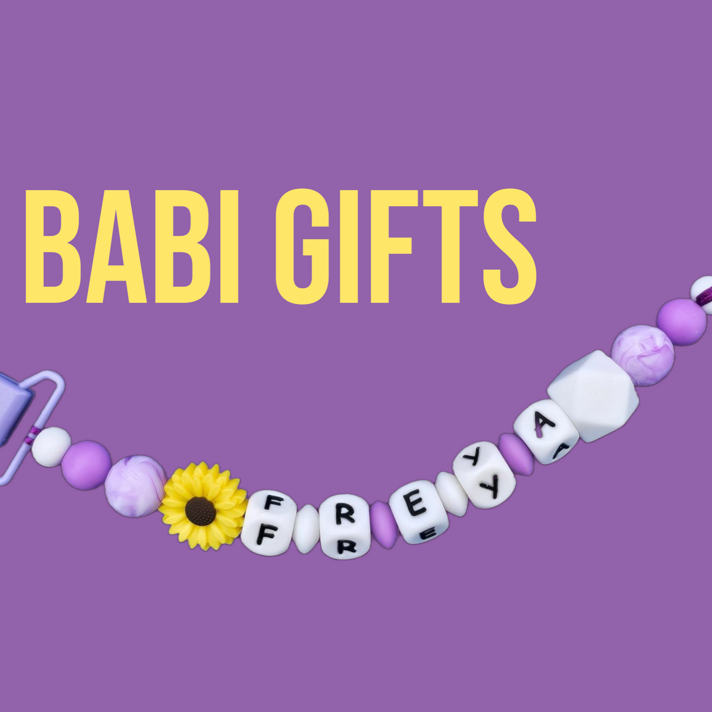 Purple Daisy Dummy Clip & Teether โ Personalised Baby Set
