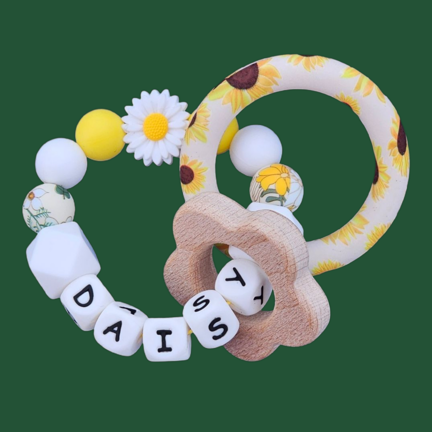 White Daisy Dummy Clip & Teether – Personalised Neutral Gift