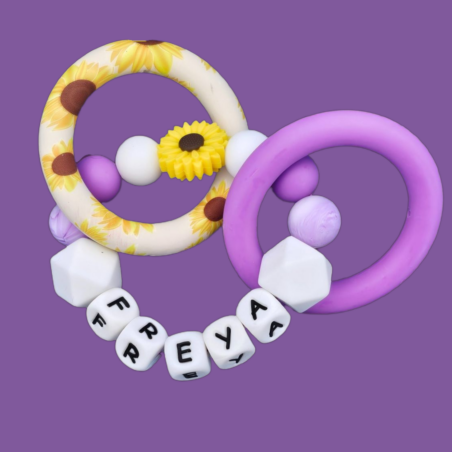 Purple Daisy Dummy Clip & Teether โ Personalised Baby Set