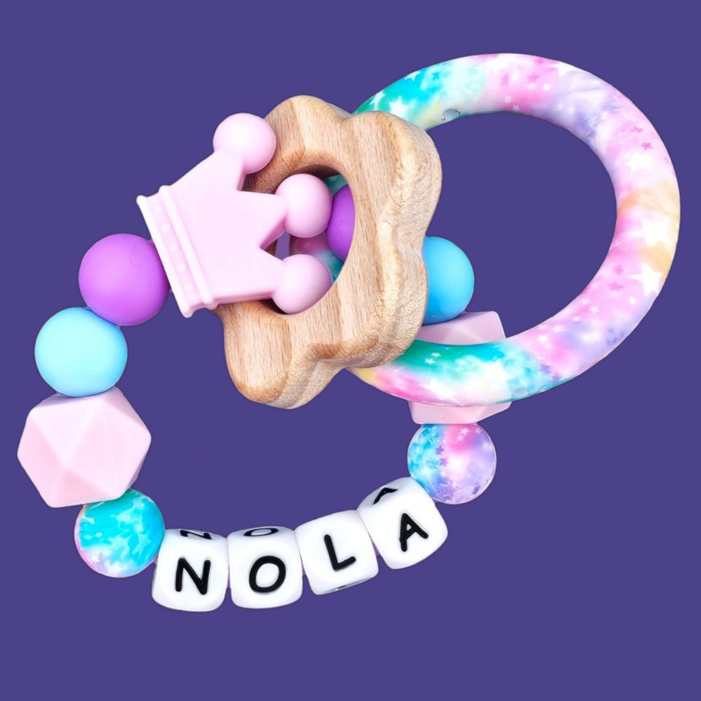 Crown Dummy Clip & Teether Set – Aqua, Pink & Purple