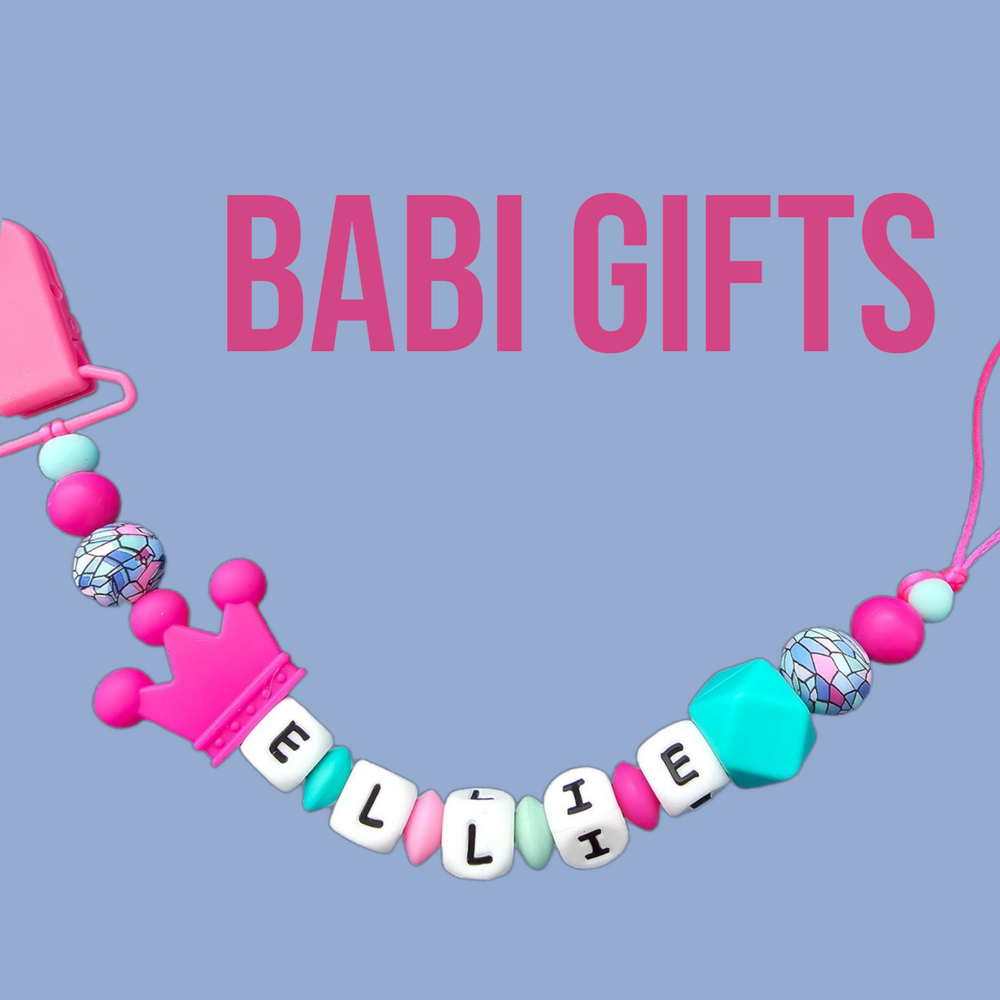 Crown Geo Dummy Clip – Teal & Pink Personalised Set