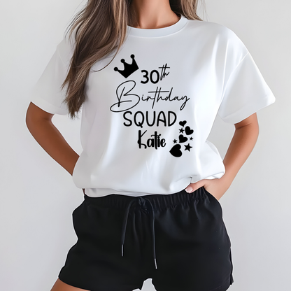 Personalised Birthday Squad T-Shirt – Custom Age & Name – Party Squad Matching Tee – Black or White