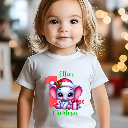 Personalised 1st Christmas T-Shirt – Baby’s First Christmas Tee – Custom Name – White 200gsm Cotton – 6–12m / 1–2y