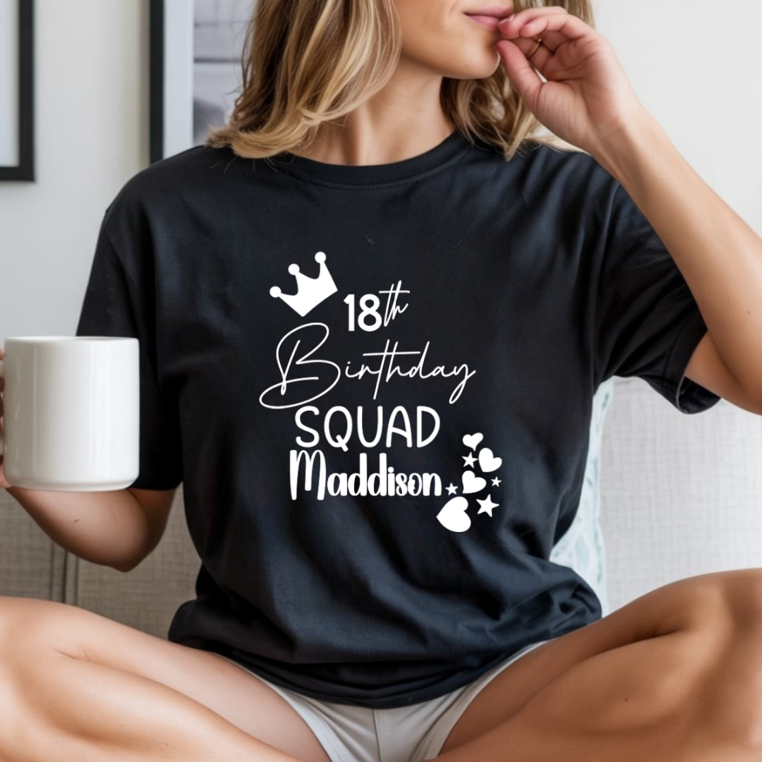 Personalised Birthday Squad T-Shirt – Custom Age & Name – Party Squad Matching Tee – Black or White