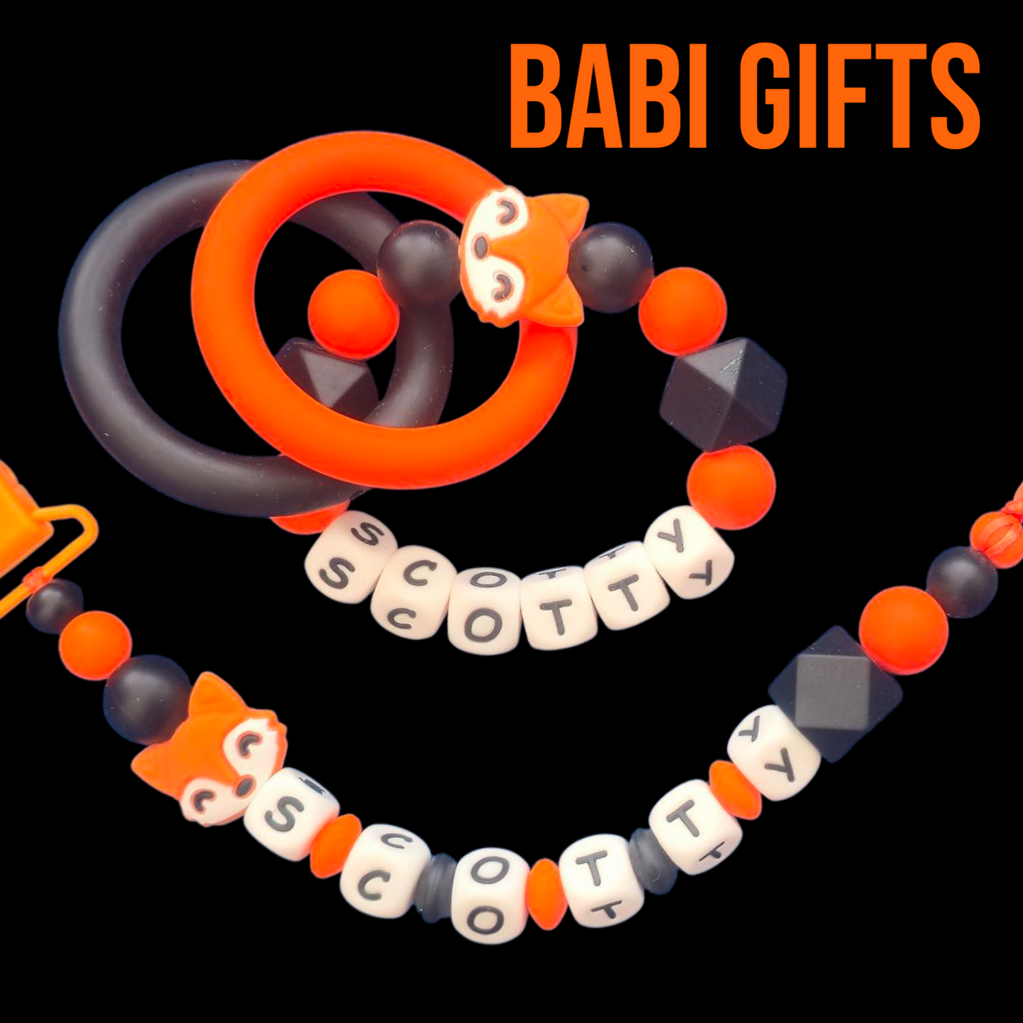 Fox Dummy Clip & Teether – Orange & Black Woodland Gift