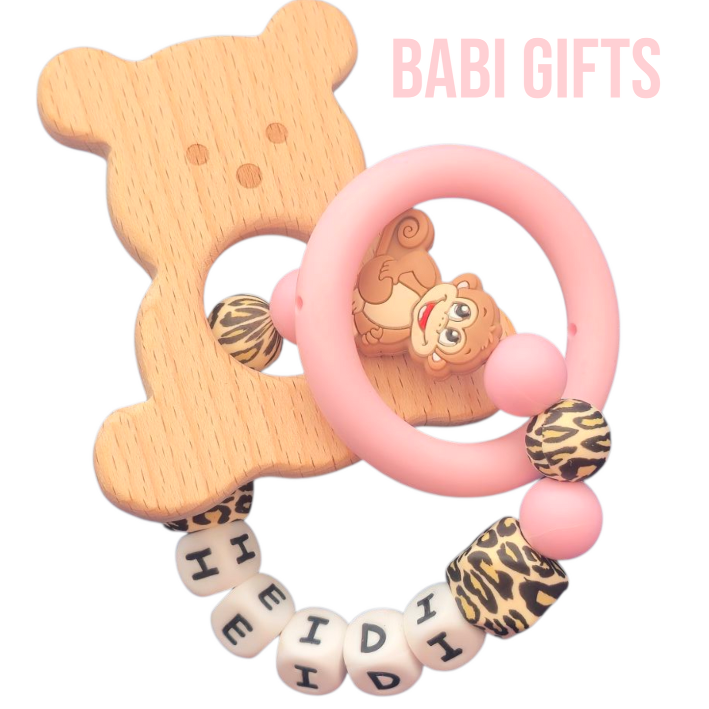 Monkey Jungle Dummy Clip & Teether – Leopard & Pink Gift