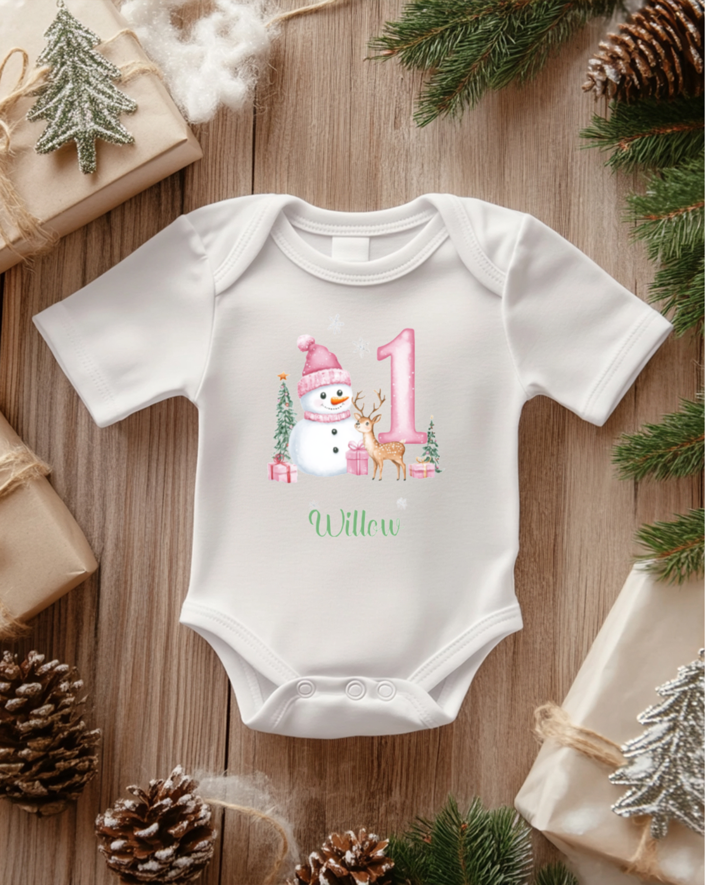 Personalised Pink Snowman & Reindeer First Christmas Baby Bodysuit – Custom Name – Baby’s 1st Christmas Outfit