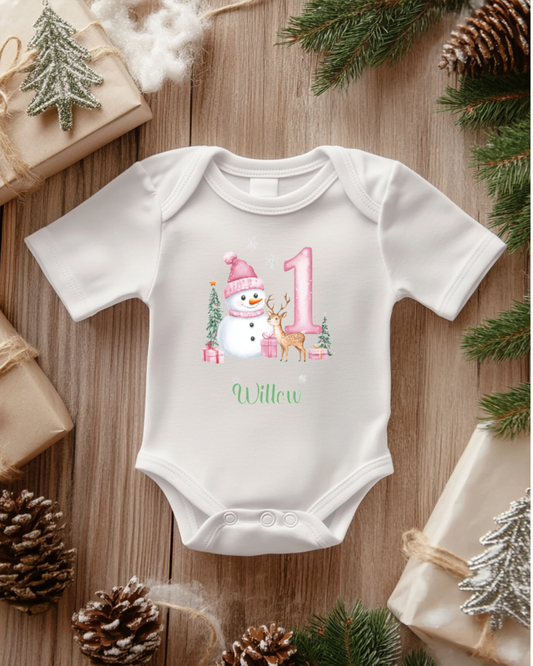 Personalised Pink Snowman & Reindeer First Christmas Baby Bodysuit – Custom Name – Baby’s 1st Christmas Outfit