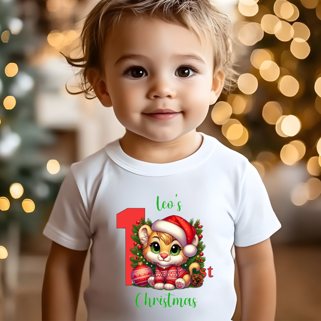 Personalised 1st Christmas T-Shirt – Baby’s First Christmas Tee – Custom Name – White 200gsm Cotton – 6–12m / 1–2y