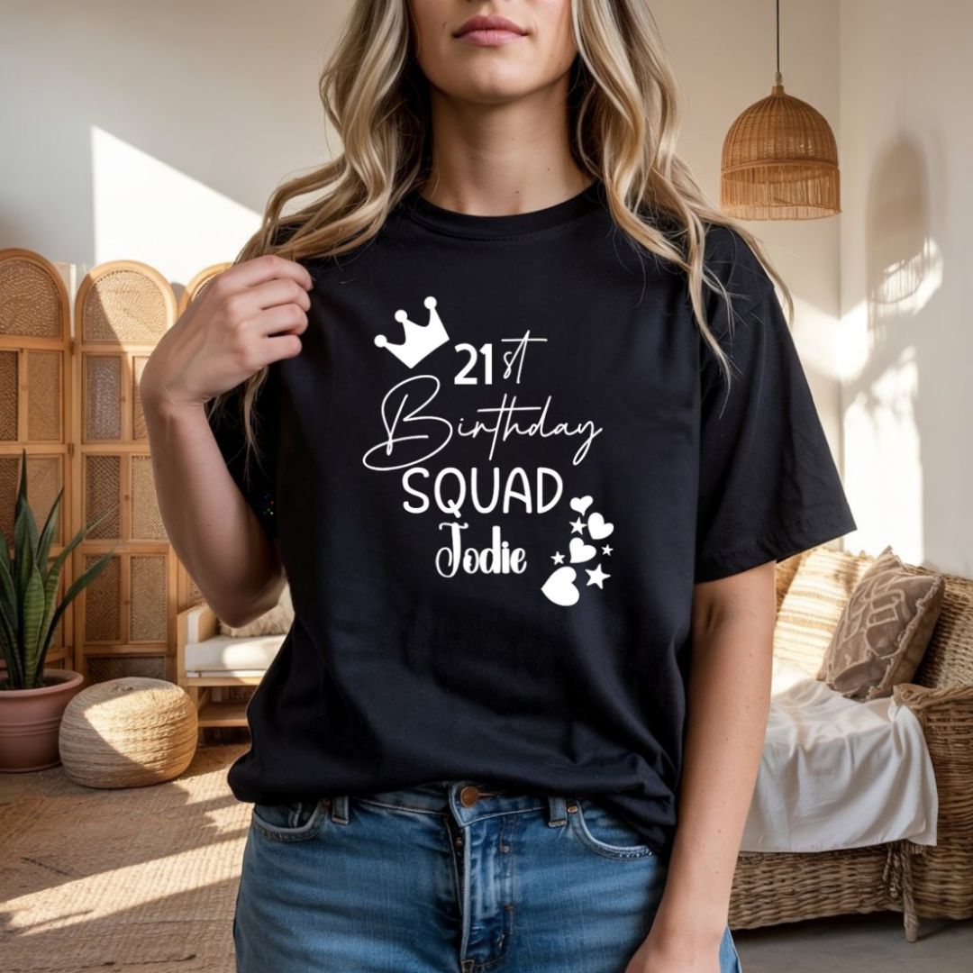 Personalised Birthday Squad T-Shirt – Custom Age & Name – Party Squad Matching Tee – Black or White