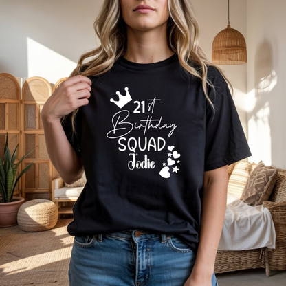 Personalised Birthday Squad T-Shirt – Custom Age & Name – Party Squad Matching Tee – Black or White