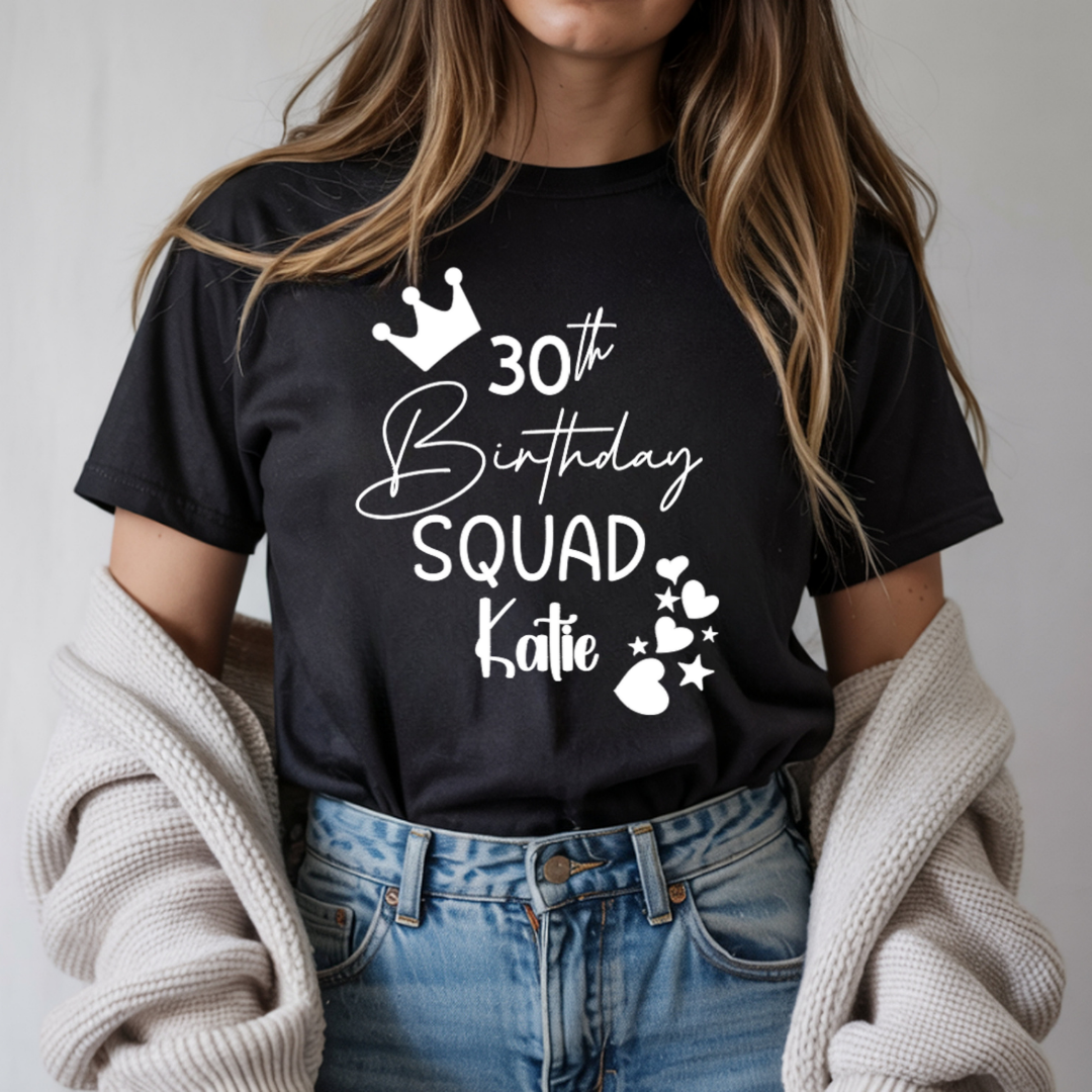 Personalised Birthday Squad T-Shirt – Custom Age & Name – Party Squad Matching Tee – Black or White