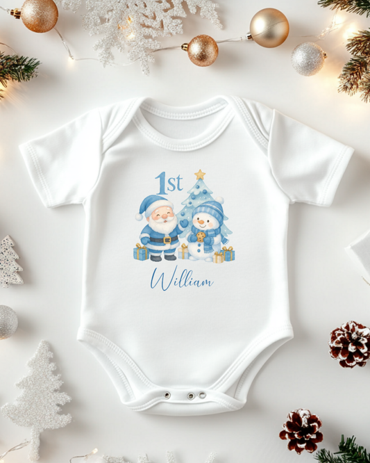Personalised Blue Santa & Snowman First Christmas Baby Bodysuit – Custom Name – Baby’s 1st Christmas Outfit