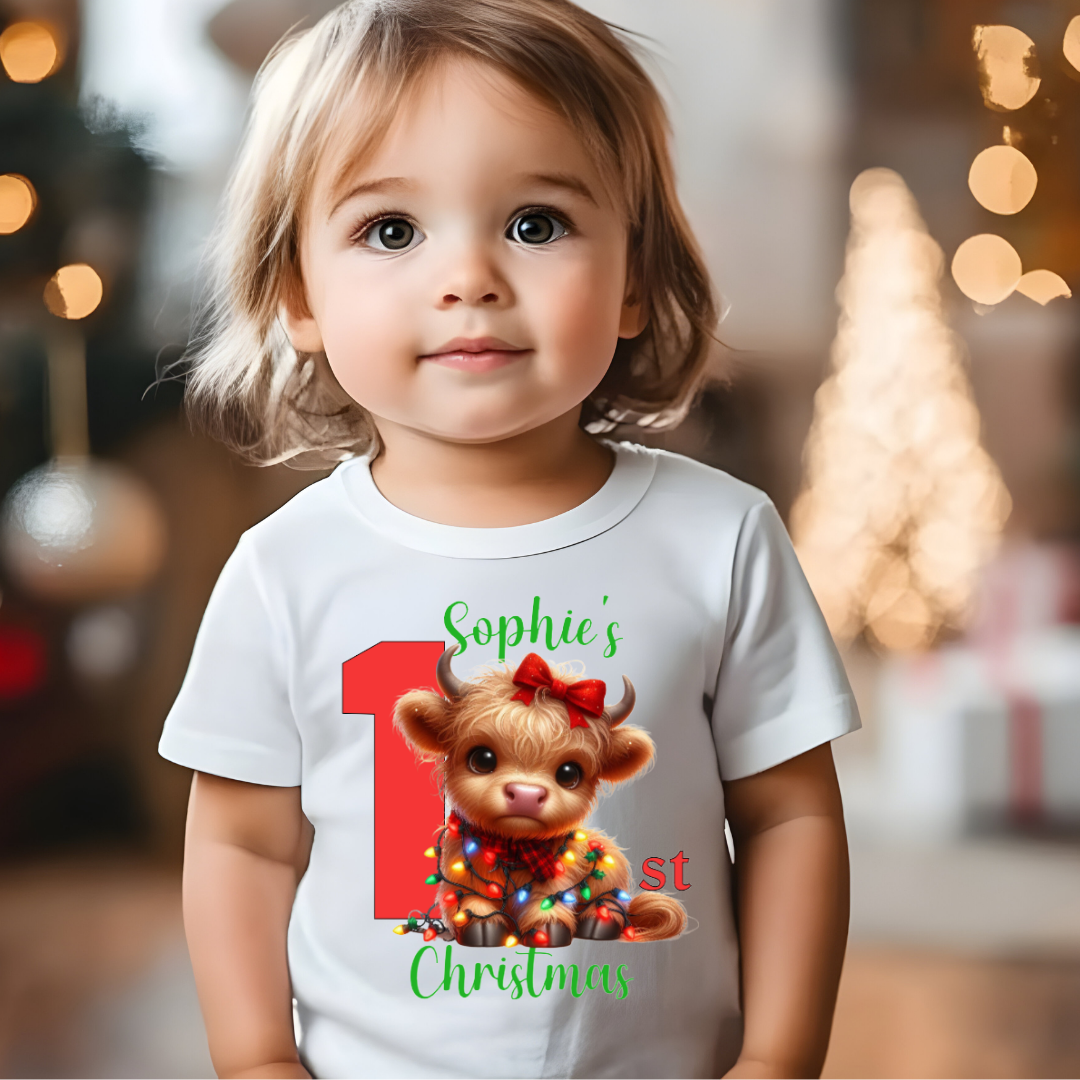 Personalised 1st Christmas T-Shirt – Baby’s First Christmas Tee – Custom Name – White 200gsm Cotton – 6–12m / 1–2y