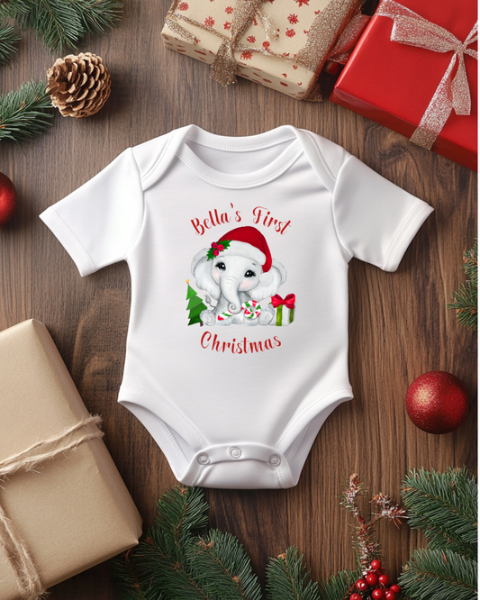 Personalised Elephant First Christmas Baby Bodysuit – Custom Name