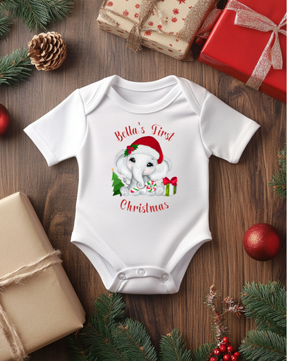 Personalised Elephant First Christmas Baby Bodysuit – Custom Name