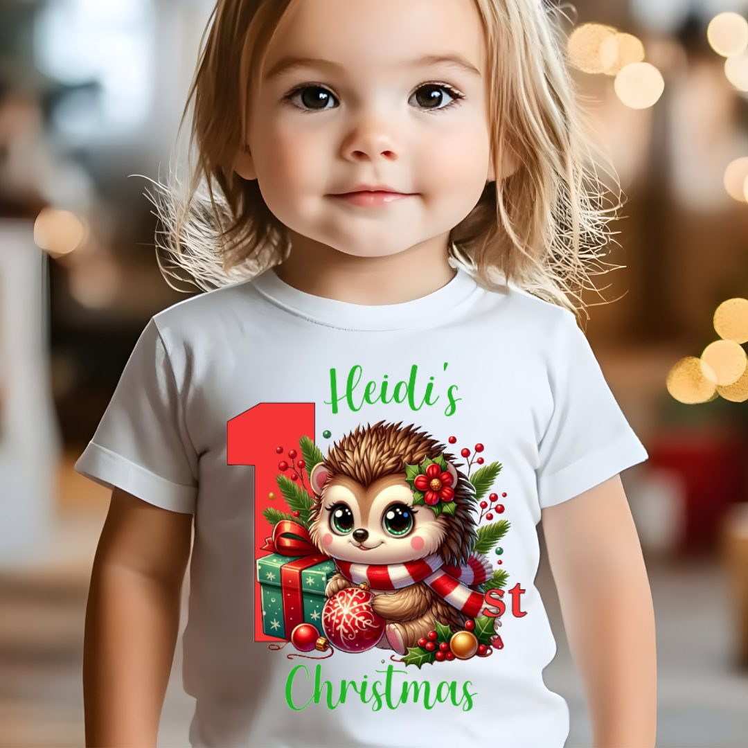 Personalised 1st Christmas T-Shirt – Baby’s First Christmas Tee – Custom Name – White 200gsm Cotton – 6–12m / 1–2y