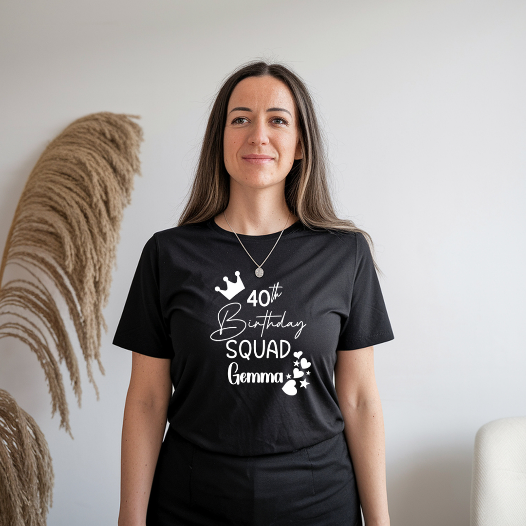 Personalised Birthday Squad T-Shirt – Custom Age & Name – Party Squad Matching Tee – Black or White