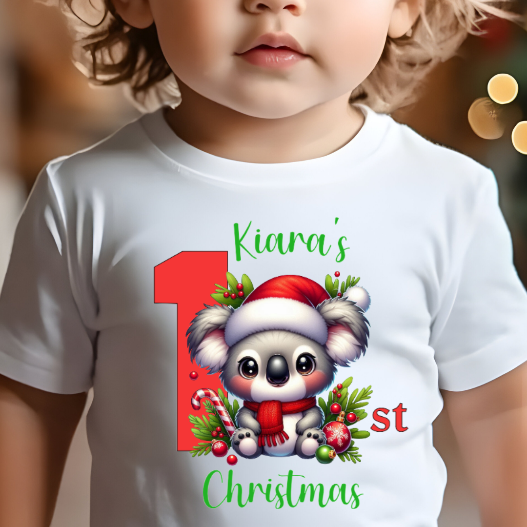 Personalised 1st Christmas T-Shirt – Baby’s First Christmas Tee – Custom Name – White 200gsm Cotton – 6–12m / 1–2y