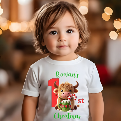 Personalised 1st Christmas T-Shirt – Baby’s First Christmas Tee – Custom Name – White 200gsm Cotton – 6–12m / 1–2y