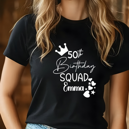Personalised Birthday Squad T-Shirt – Custom Age & Name – Party Squad Matching Tee – Black or White