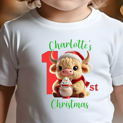 Personalised 1st Christmas T-Shirt – Baby’s First Christmas Tee – Custom Name – White 200gsm Cotton – 6–12m / 1–2y