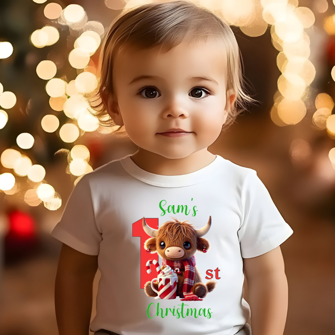 Personalised 1st Christmas T-Shirt – Baby’s First Christmas Tee – Custom Name – White 200gsm Cotton – 6–12m / 1–2y