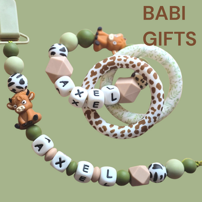 Highland Cow Dummy Clip and Teether Set – Green & Natural Baby Gift