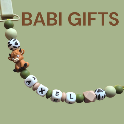 Highland Cow Dummy Clip and Teether Set – Green & Natural Baby Gift