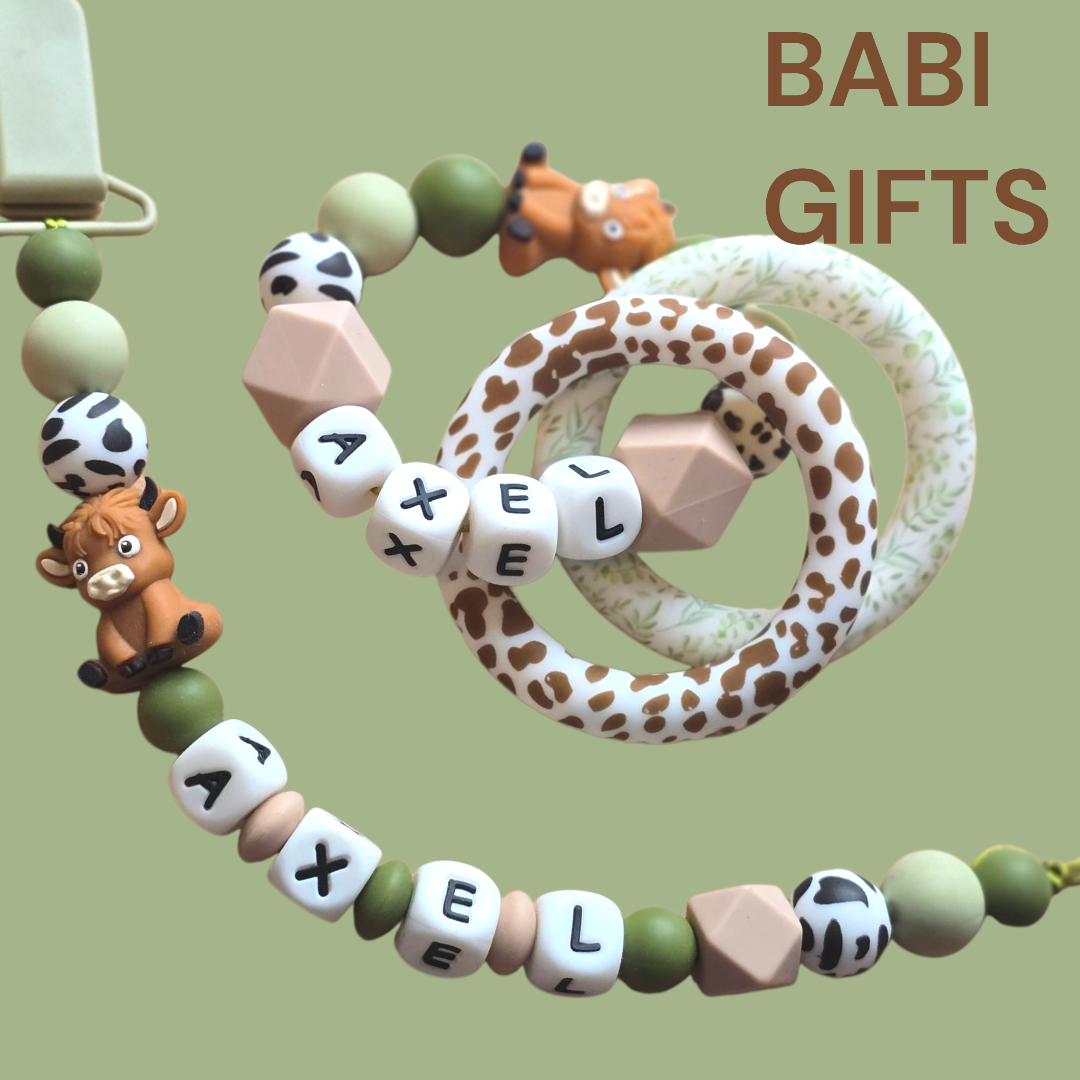 Highland Cow Dummy Clip and Teether Set – Green & Natural Baby Gift