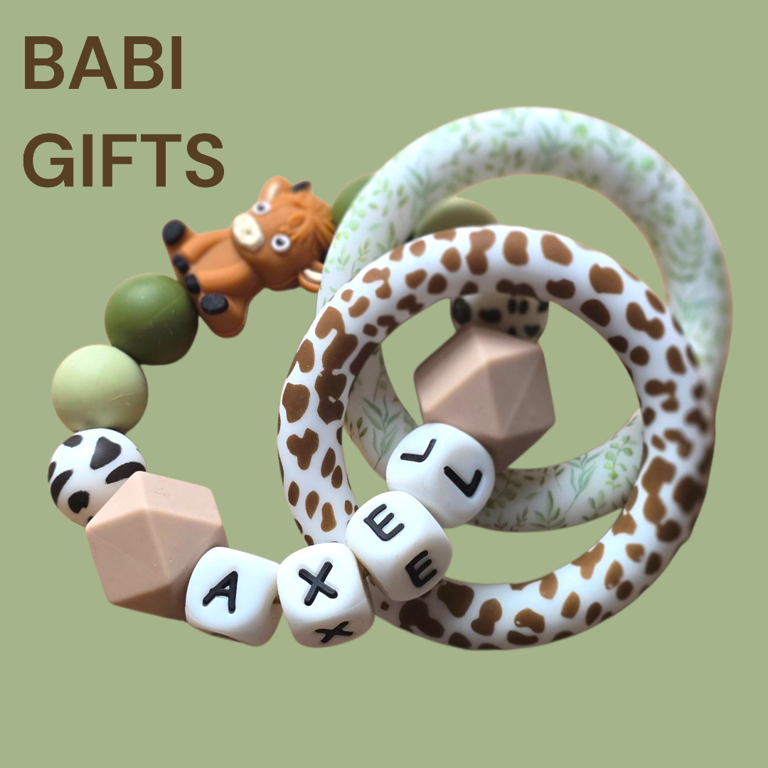 Highland Cow Dummy Clip and Teether Set – Green & Natural Baby Gift