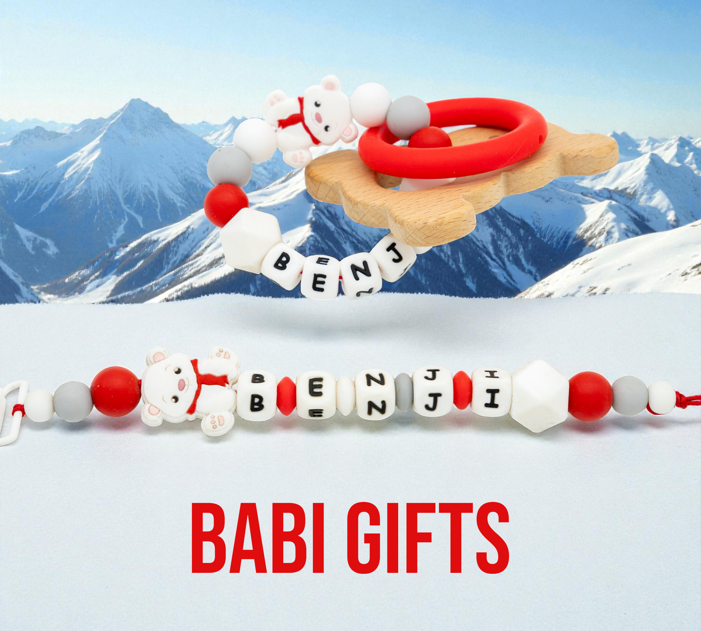 Christmas Polar Bear Dummy Clip and Teether Set – Personalised Baby Gift