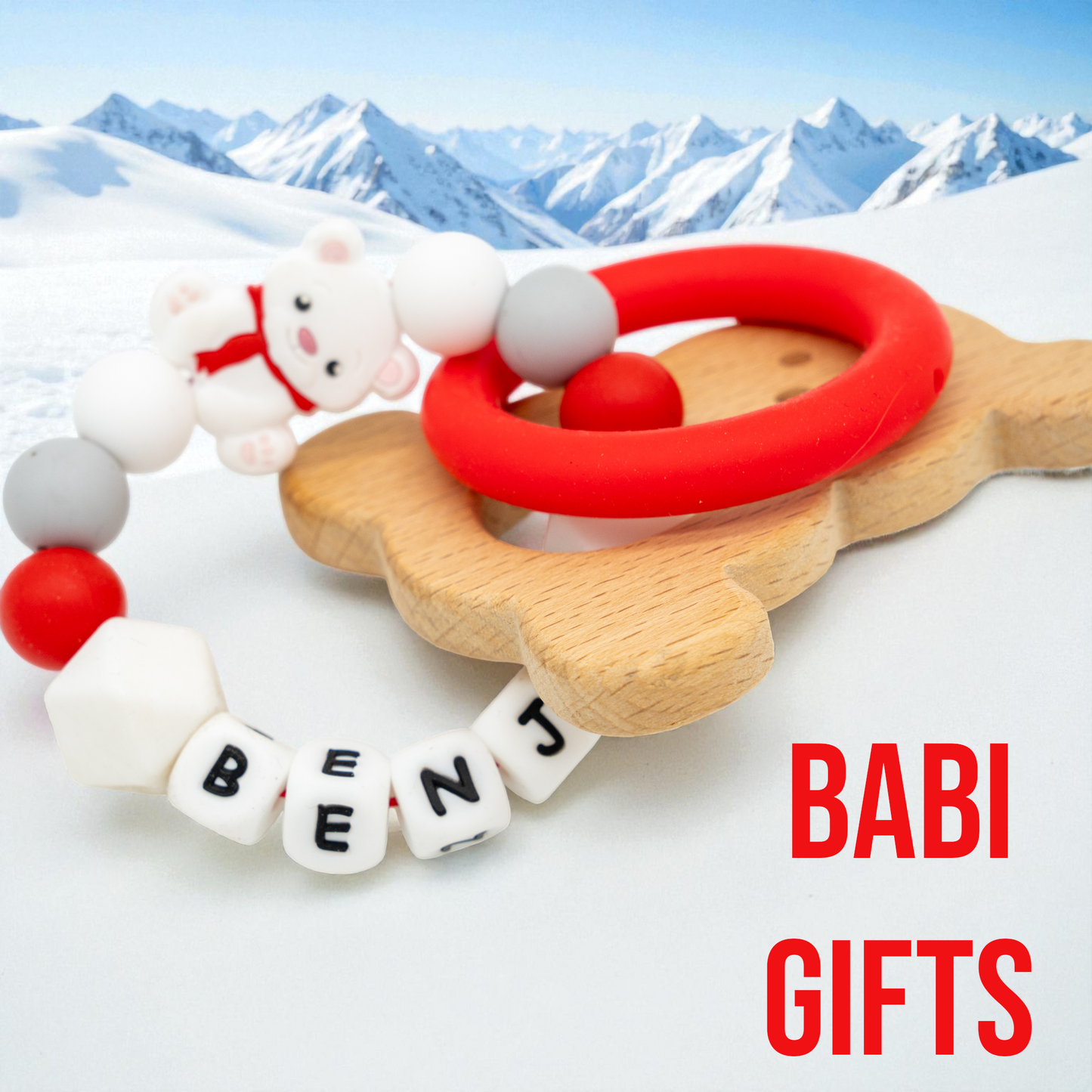 Christmas Polar Bear Dummy Clip and Teether Set – Personalised Baby Gift