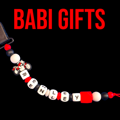 Motorbike Dummy Clip & Rattle Set – Personalised Gift