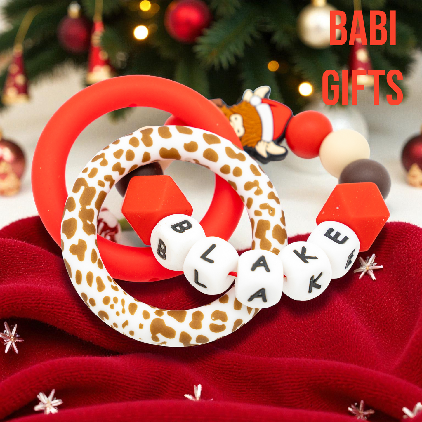 Christmas Highland Cow Dummy Clip and Teether Set – Personalised Baby Gift