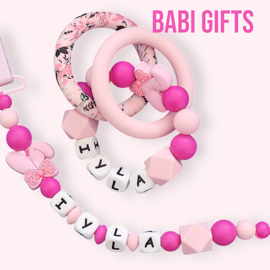 Bunny Ears Dummy Clip – Hot Pink Personalised Teether Set