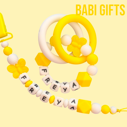 Yellow Butterfly Personalised Dummy Clip & Teether Set – Sunshine Bright Baby Gift