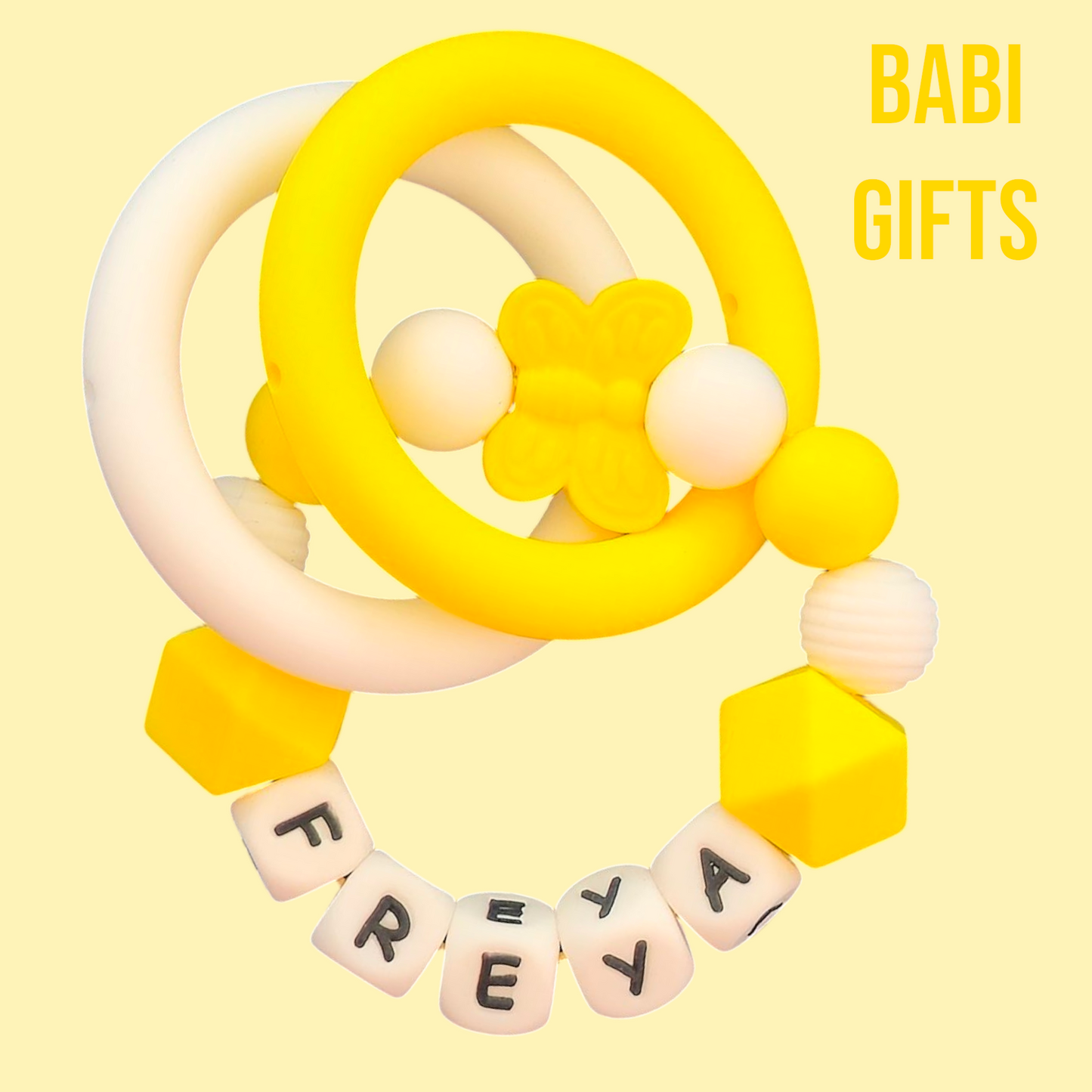 Yellow Butterfly Personalised Dummy Clip & Teether Set – Sunshine Bright Baby Gift