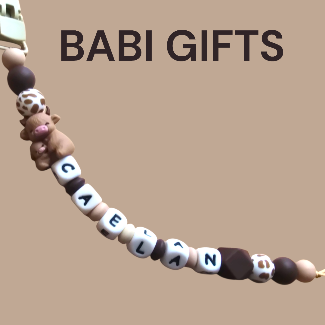 Mother & Baby Highland Cow Dummy Clip and Teether Set – Personalised Gift
