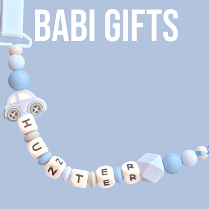 Blue Car Dummy Clip & Teether Set – Baby Boy Gift
