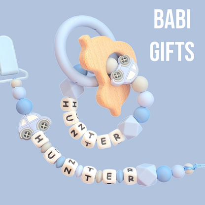 Blue Car Dummy Clip & Teether Set – Baby Boy Gift