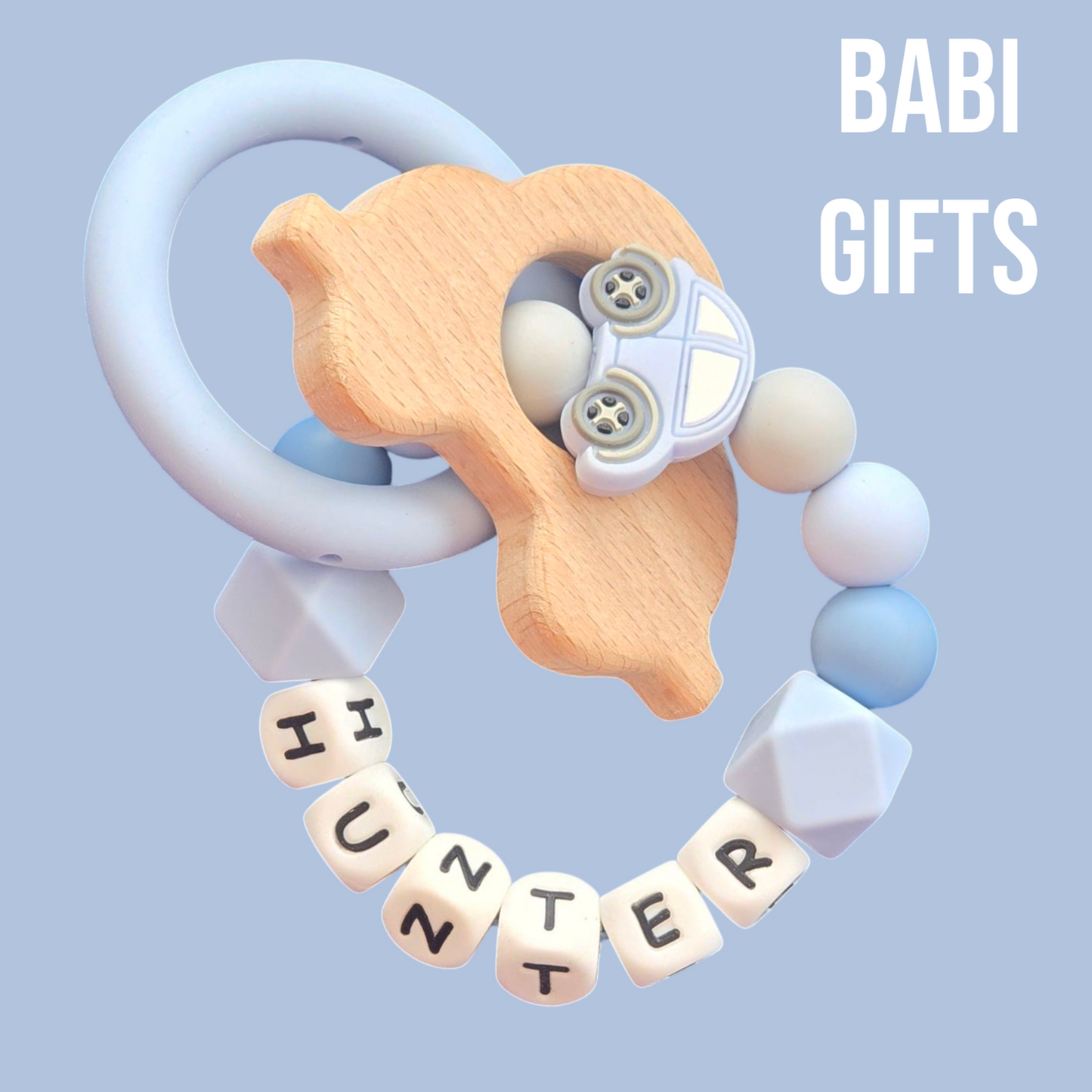Blue Car Dummy Clip & Teether Set – Baby Boy Gift