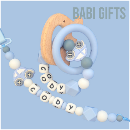 Blue Car Dummy Clip & Elephant Teether – Baby Boy Gift