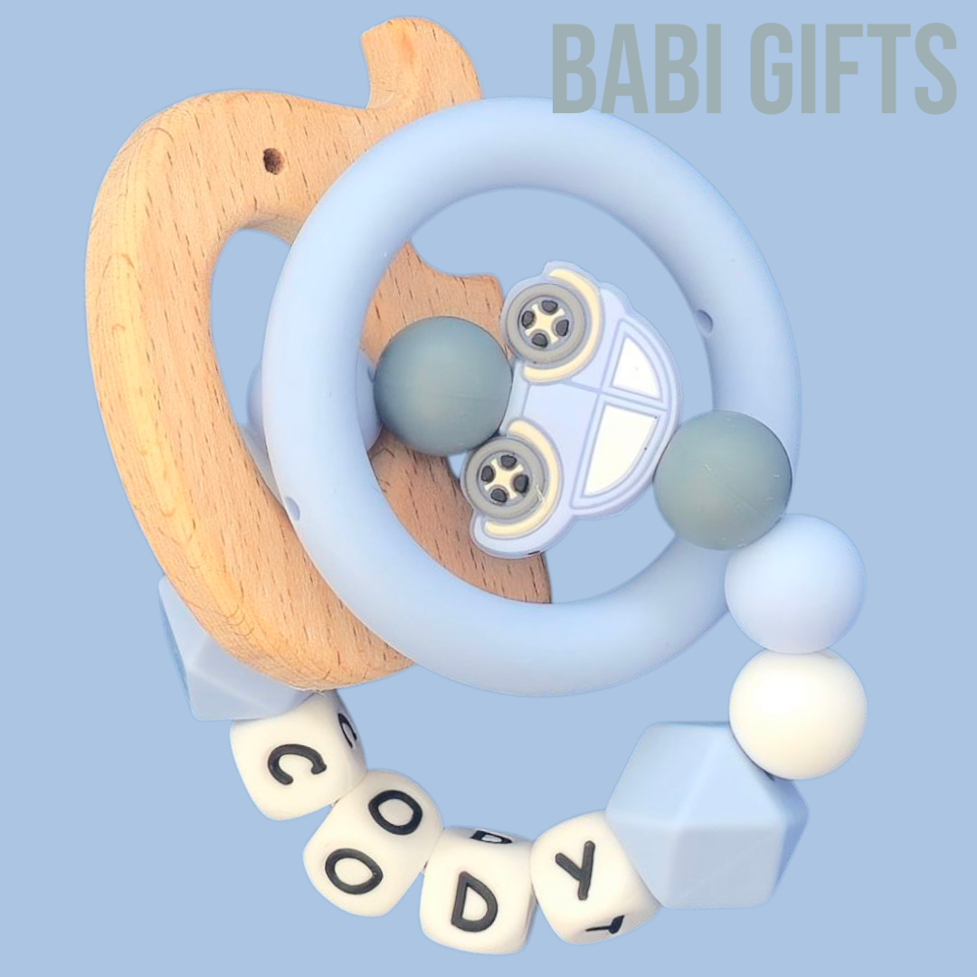 Blue Car Dummy Clip & Elephant Teether – Baby Boy Gift