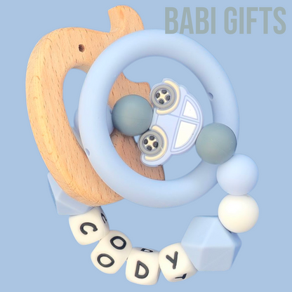 Blue Car Dummy Clip & Elephant Teether – Baby Boy Gift