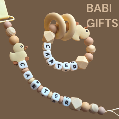 Duck Dummy Clip and Teether Set – Natural Beige Personalised Baby Gift