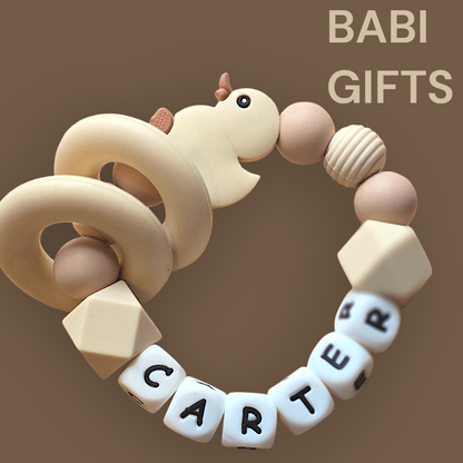 Duck Dummy Clip and Teether Set – Natural Beige Personalised Baby Gift