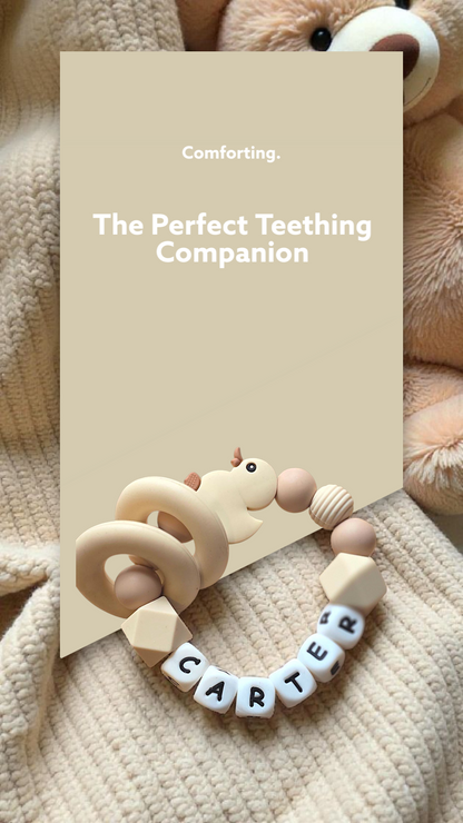 Duck Dummy Clip and Teether Set – Natural Beige Personalised Baby Gift