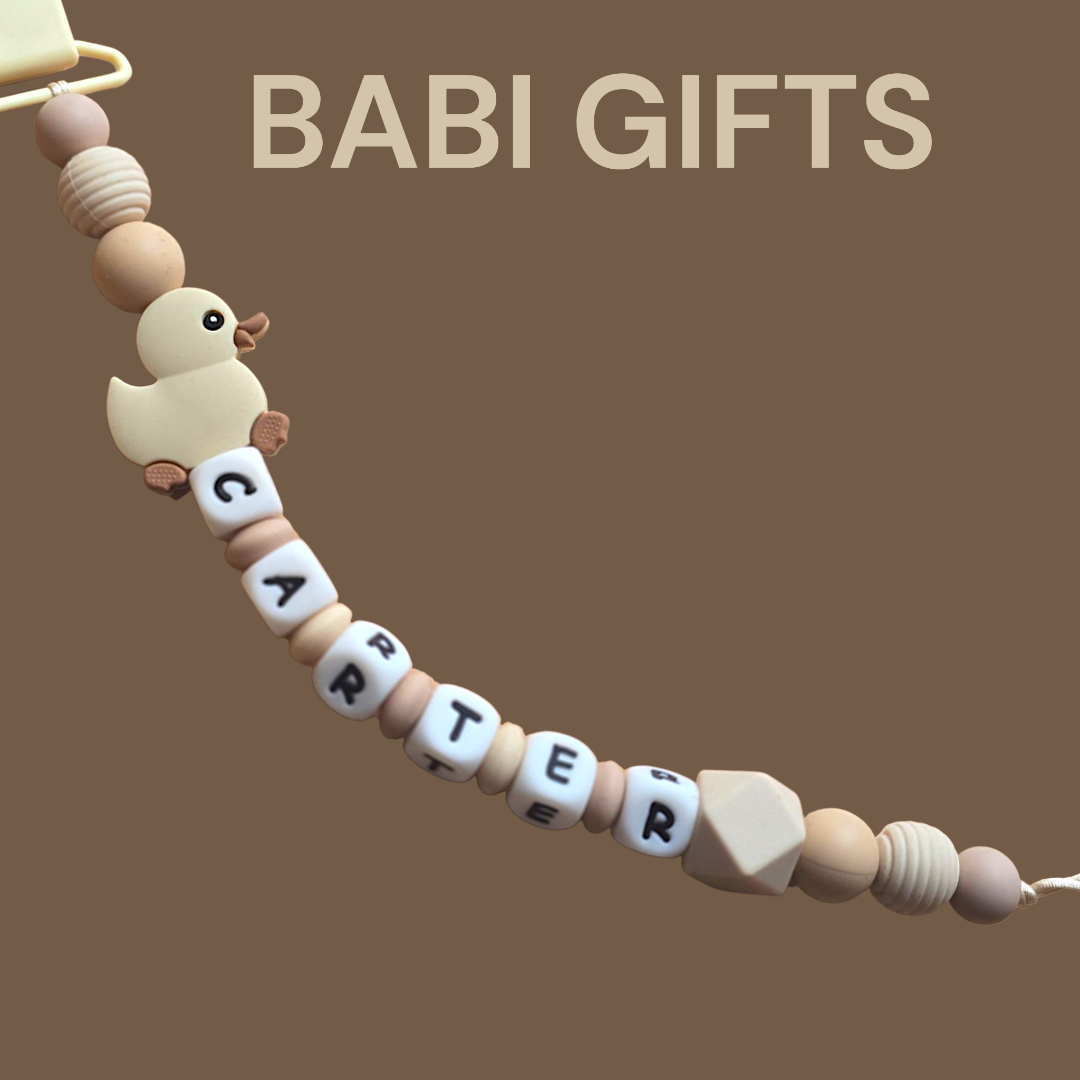 Duck Dummy Clip and Teether Set – Natural Beige Personalised Baby Gift