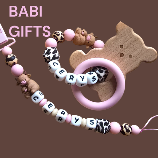 Pink Highland Cow Dummy Clip and Teether Set – Animal Print Baby Gift
